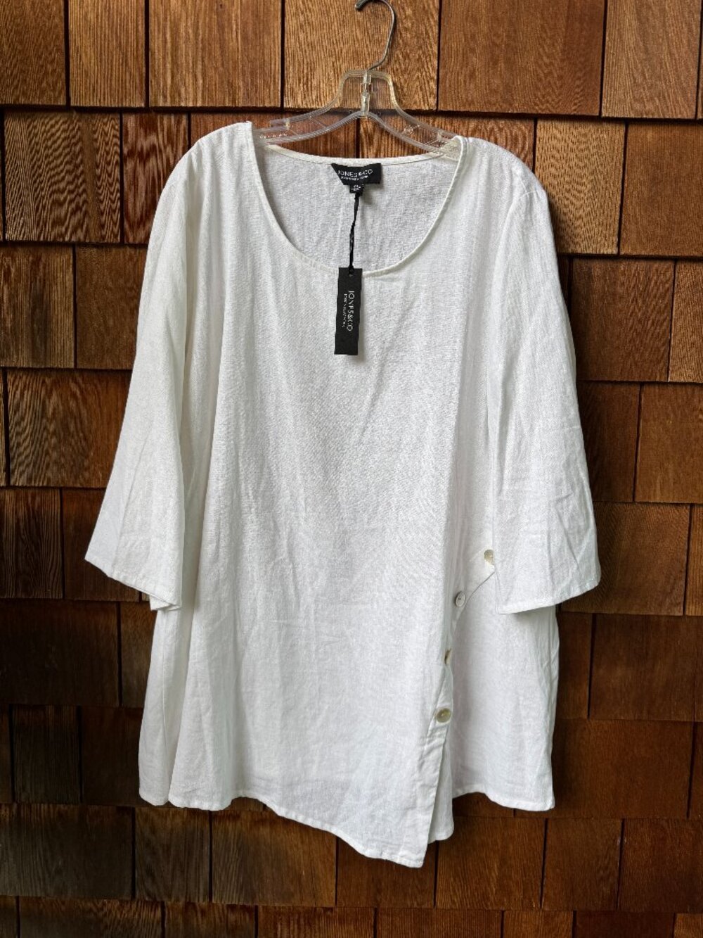 NWT JONES & CO White Linen Blend 3/4 Sleeve Button Detail Tunic in Women's 1X